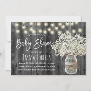 Vintage Baby's Breath Mason Jar Wood Baby Shower Invitation