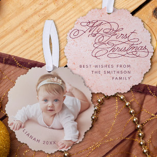  Vintage Baby's First Christmas Photo Elegant Pink Tree Decoration Card