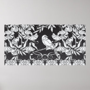 Vintage background with decorative flowers and bir poster