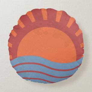 Vintage background with sea and sun. Summer retro Round Cushion