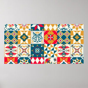 Vintage background with traditional blue tile deco poster