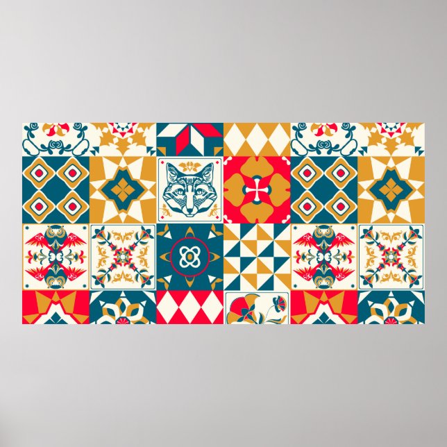 Vintage background with traditional blue tile deco poster (Front)