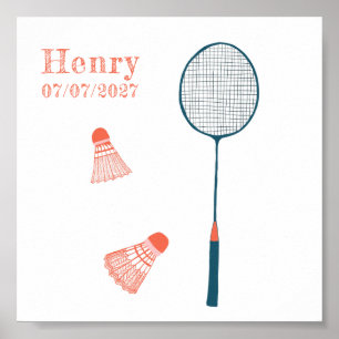 Vintage Badminton CUSTOM BABY NAME BIRTHDATE Art Poster