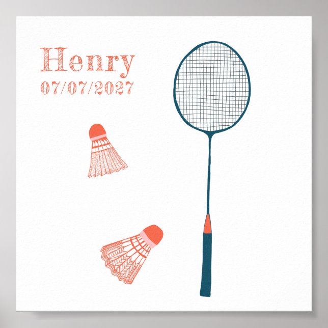 Vintage Badminton CUSTOM BABY NAME BIRTHDATE Art Poster (Front)