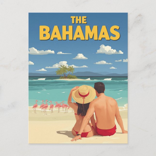 Vintage Bahamas Beach Couple Flamingo Travel Postcard (Front)