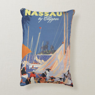 Vintage Bahamas Travel Art, Fly Nassau by Clipper  Decorative Cushion
