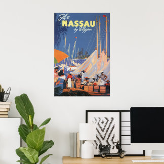 Vintage Bahamas Travel Art, Fly Nassau by Clipper  Poster