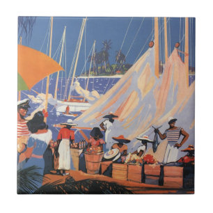 Vintage Bahamas Travel Art, Fly Nassau by Clipper  Tile