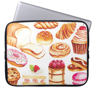 Vintage bakery and pastry water colour style doodl laptop sleeve