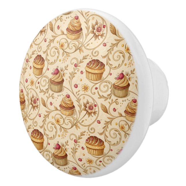Vintage Bakery Cupcake Floral Design Ceramic Knob (Right)