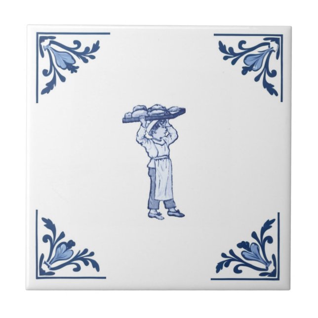 Vintage Bakery Delivery Boy Delft Blue & White Tile (Front)