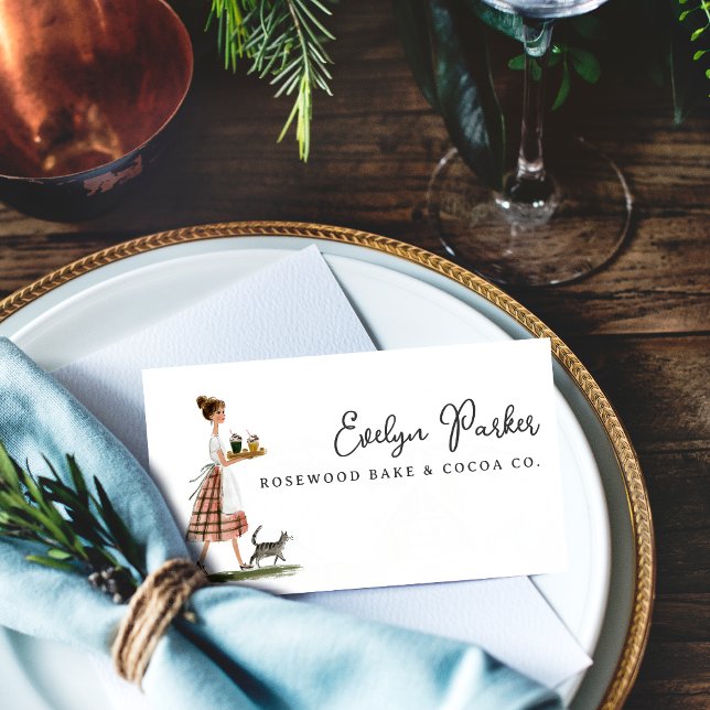 Vintage Bakery Lady with Cat Personalized Business Card (Creator Uploaded)