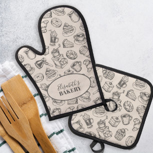 Vintage bakery name personalized grey baking oven mitt & pot holder set