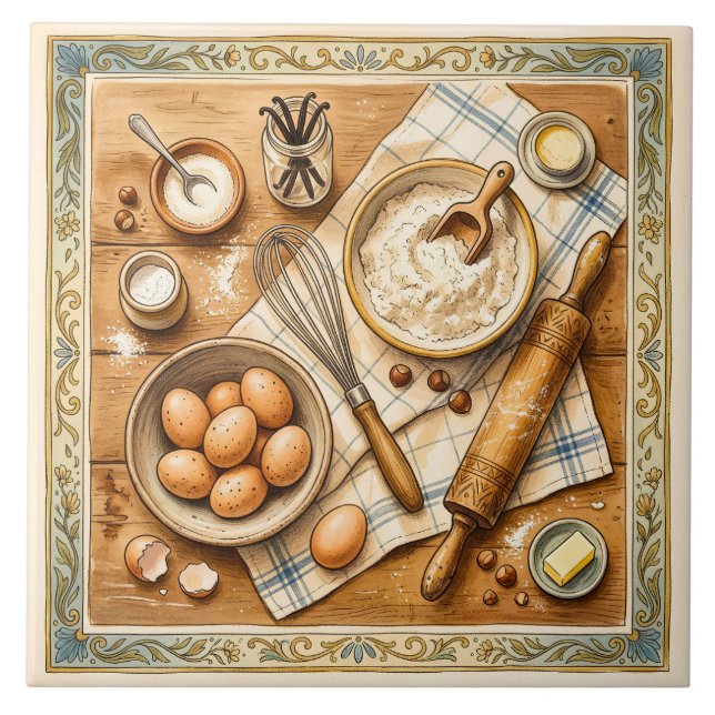 Vintage Baking Ingredient Country Kitchen Tile (Front)