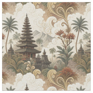 Vintage Balinese Temple Tropical Mural Art Pattern Fabric