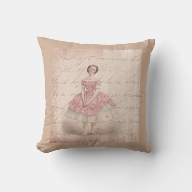 Vintage Ballerina Girl in a Pink Tutu Cushion (Front)