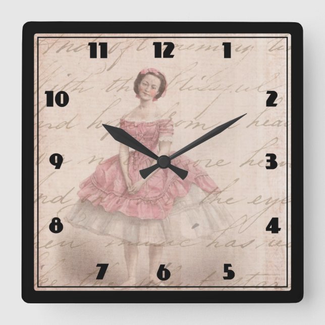 Vintage Ballerina Girl in a Pink Tutu Square Wall Clock (Front)