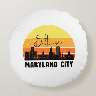 Vintage Baltimore Skyline Round Cushion