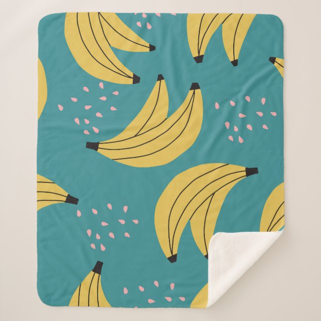 Vintage banana pattern, blue background. sherpa blanket (Front)