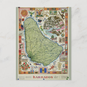 Vintage Barbados Island Map Postcard