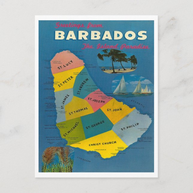 Vintage Barbados Map Postcard (Front)