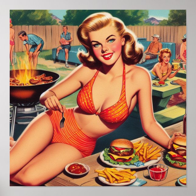 Vintage Barbecue Bikini Pin-up Poster (Front)