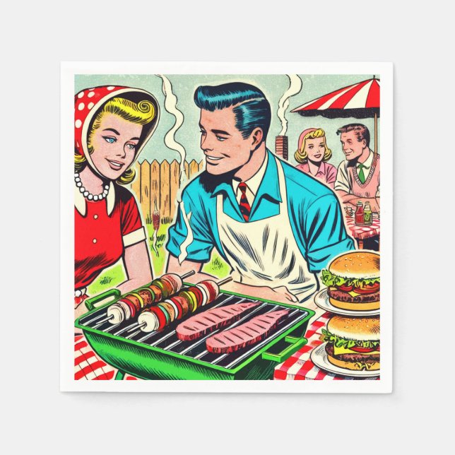 Vintage Barbecue Couple Comics Napkin (Front)