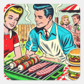 Vintage Barbecue Couple Comics Square Sticker