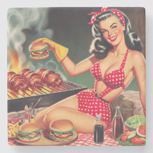 Vintage Barbecue Pin Up Stone Coaster (Front)