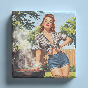 Vintage Barbecue Pin-up Stone Coaster