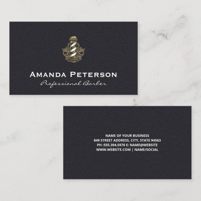 Vintage Barber Stripe Pole | Leather Background Business Card (Front/Back)