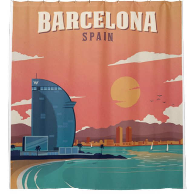 Vintage Barcelona Beach Poster Shower Curtain (Front)