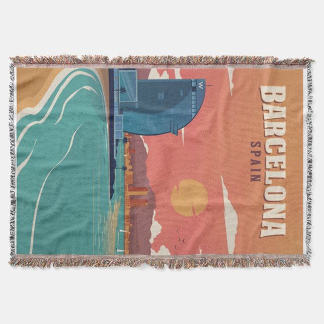 Vintage Barcelona Beach Poster Throw Blanket (Front)