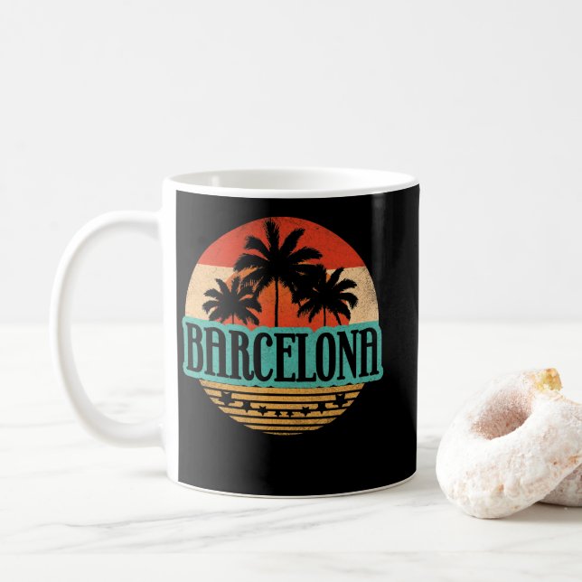Vintage Barcelona Spain Souvenir Sunset Coffee Mug (With Donut)