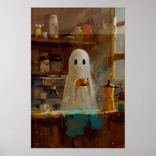 Vintage Barista Ghost Coffee Art Cute Halloween Poster