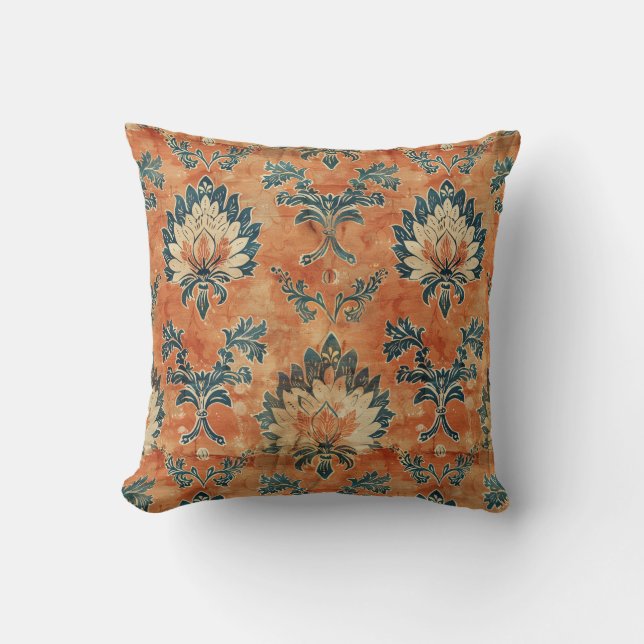 Vintage Barkcloth with Terracotta Background Cushion (Front)