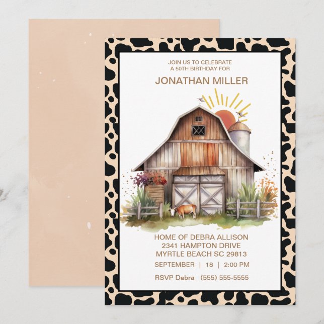Vintage Barn Farm Cow Birthday Party Invitation (Front/Back)