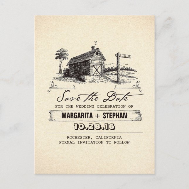 vintage barn old rustic save the date postcards (Front)