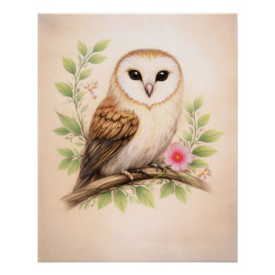 Vintage Barn Owl Botanical Bird Nursery Art Poster