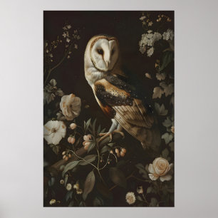 Vintage Barn Owl Flower Art Painting Printable Poster
