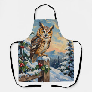 Vintage Barn Owl on Frosty Fence Christmas Apron