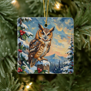 Vintage Barn Owl on Frosty Fence Christmas Ceramic Ornament