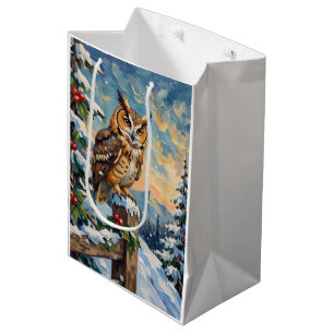 Vintage Barn Owl on Frosty Fence Christmas Medium Gift Bag