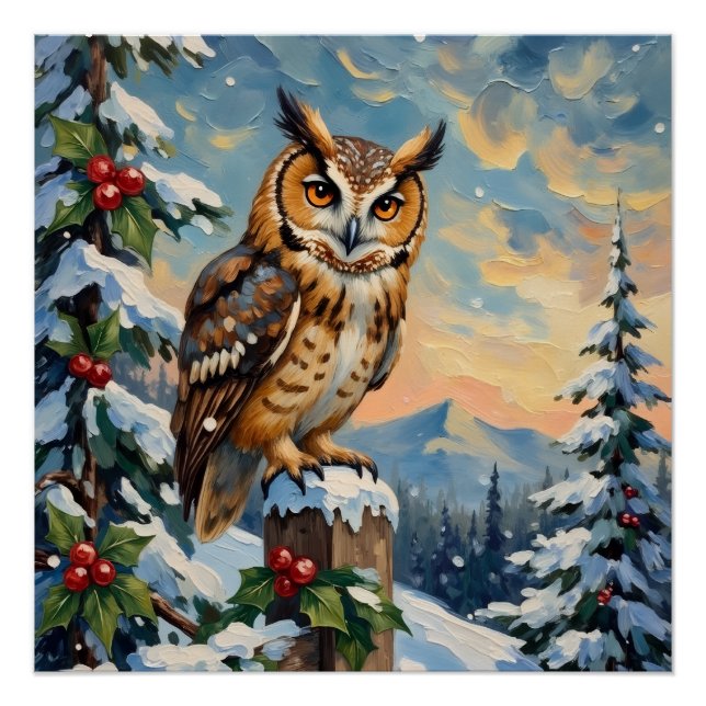 Vintage Barn Owl on Frosty Fence Christmas Poster (Front)