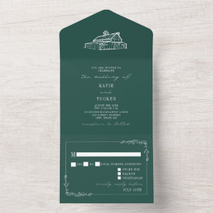 Vintage Barn Rustic Emerald Farm Wedding RSVP All In One Invitation