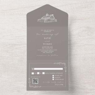 Vintage Barn Rustic Grey QR RSVP Farm Wedding All In One Invitation