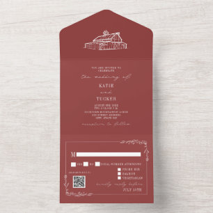 Vintage Barn Rustic Red QR RSVP Farm Wedding All In One Invitation