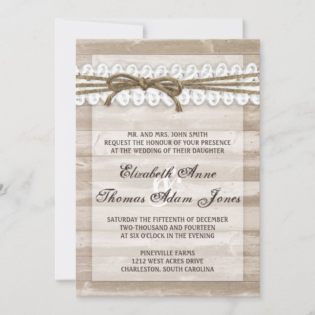 Vintage Barn Wood Twine on Lace Wedding Invitation (Front)