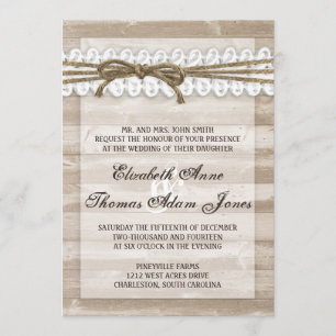 Vintage Barn Wood Twine on Lace Wedding Invitation