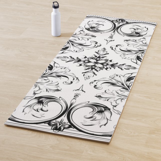 Vintage Baroque Acanthus Pattern Yoga Mat Black  (In Situ)